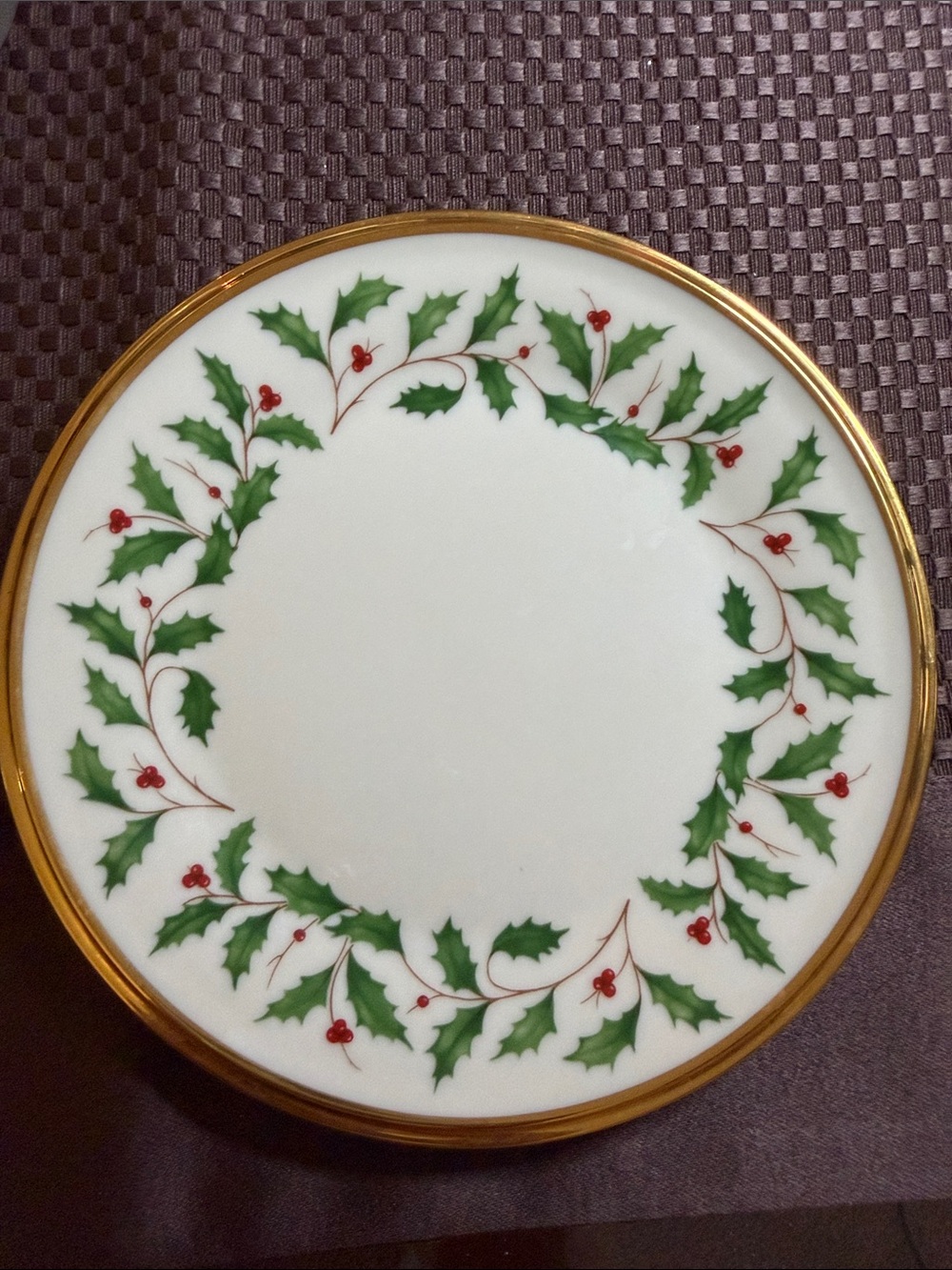 Vintage Lenox Holiday Holly Porcelain Bread Plate - 24 kt Gold,Green & Red